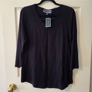 NWT Karen Scott black 3/4 length sleeve blouse with strappy keyhole at neckline